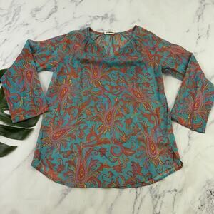 TGO Designed To Go Womens Blouse Top Size M Blue Orange Paisley Floral